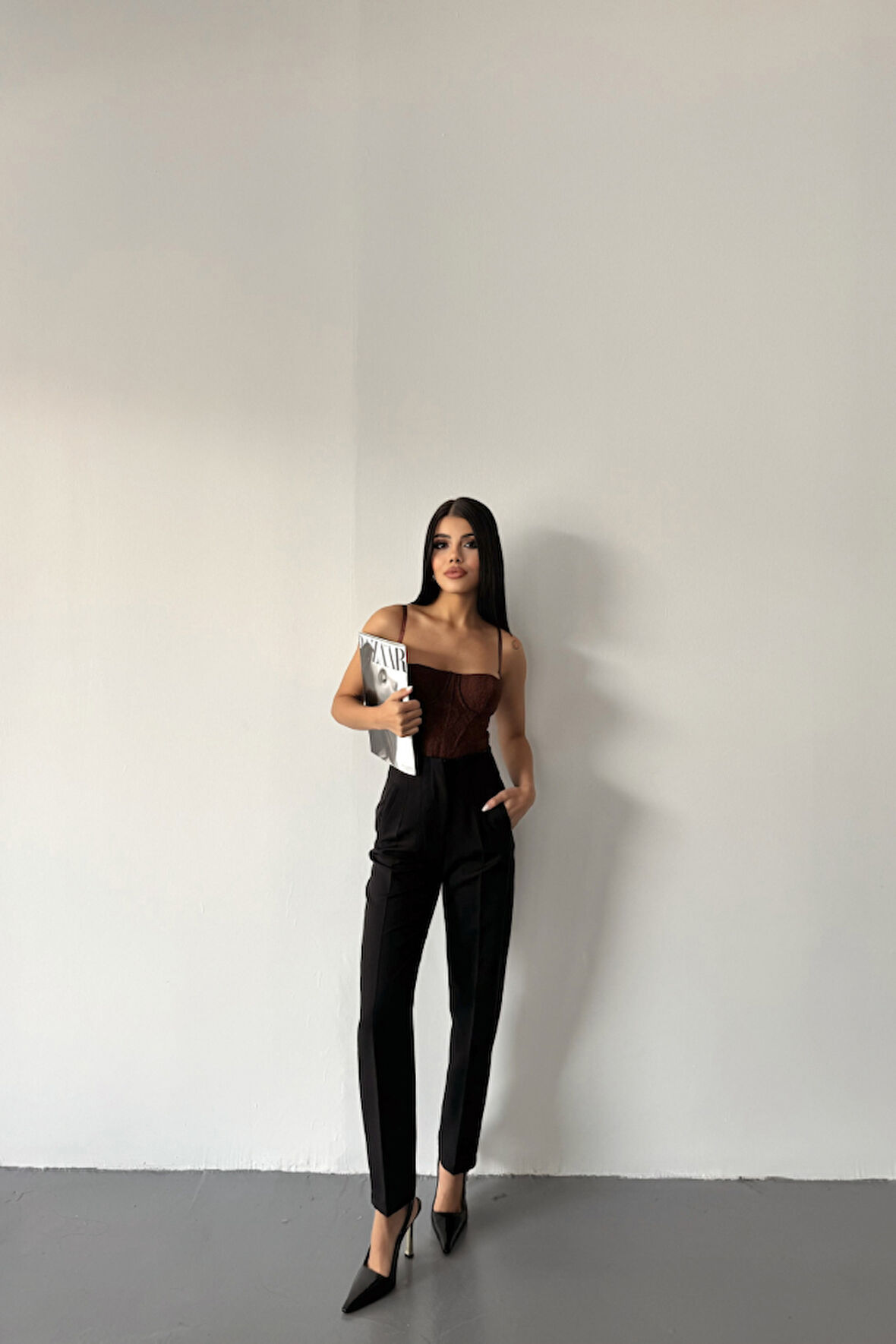 Yonca Moda Evi PANTOLON PENSLİ ATLAS KUMAŞ - Siyah