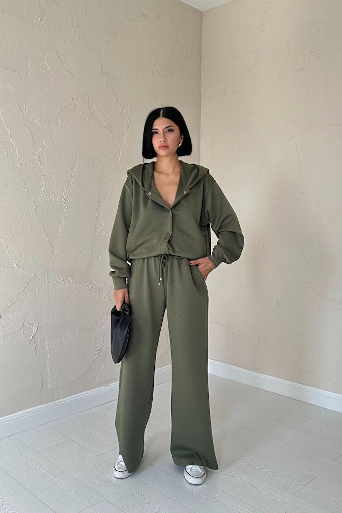 Yonca Moda Evi Haki Beli Lastikli Ceket Ve Pantolon Takım