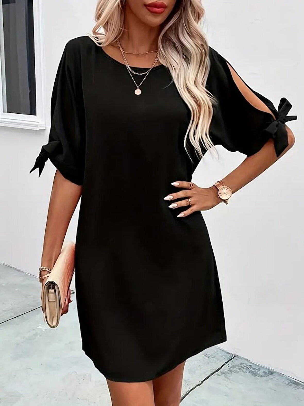 Yonca Moda Evi Kadın Kısa Kollu Kolu Bağlamalı Yakası Açık Janjan Elbise