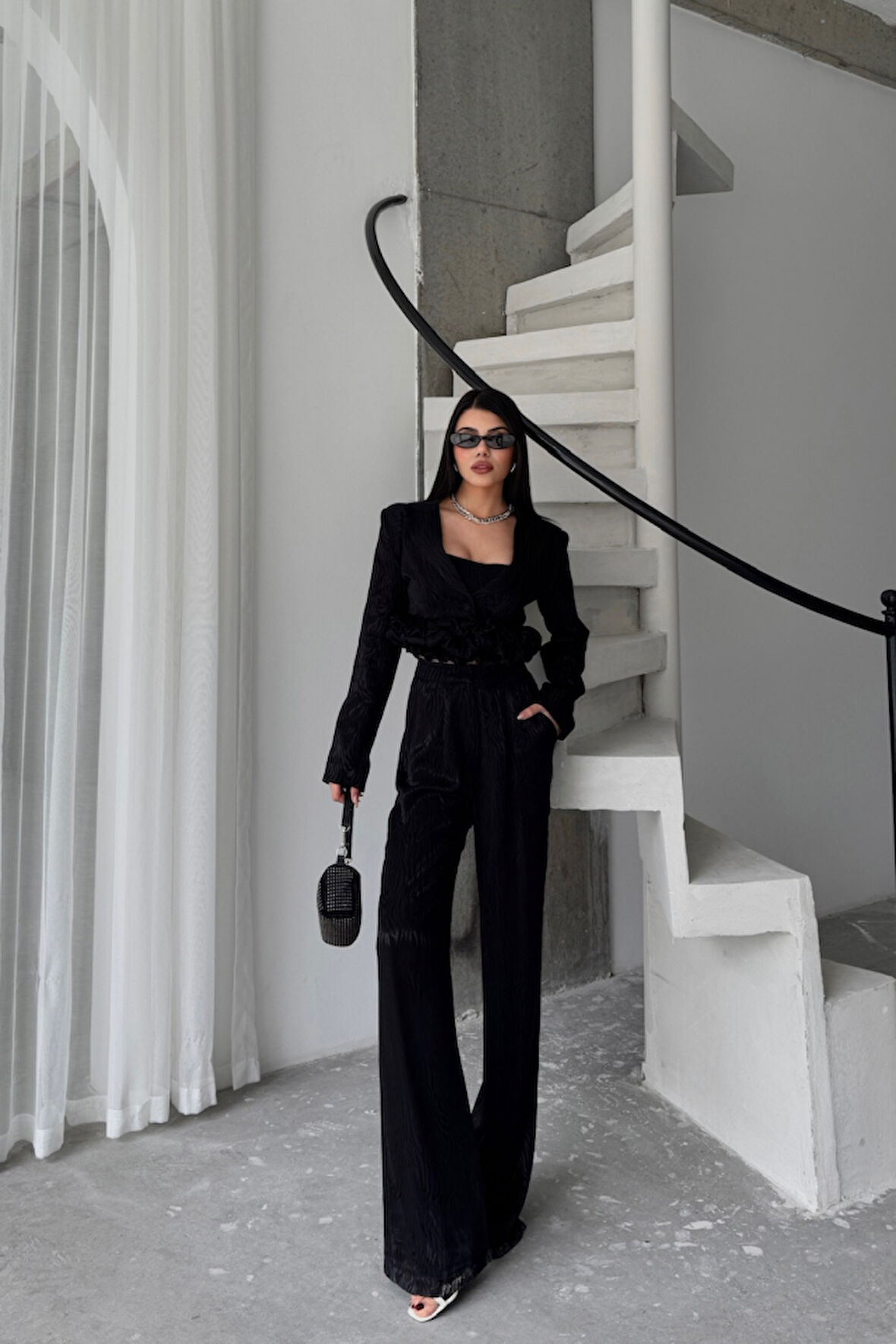Yonca Moda Evi JAKARLI BLUZU TASARIM DETAYLI CEKET-PANTOLON-BLUZ 3 LÜ TAKIM - Siyah