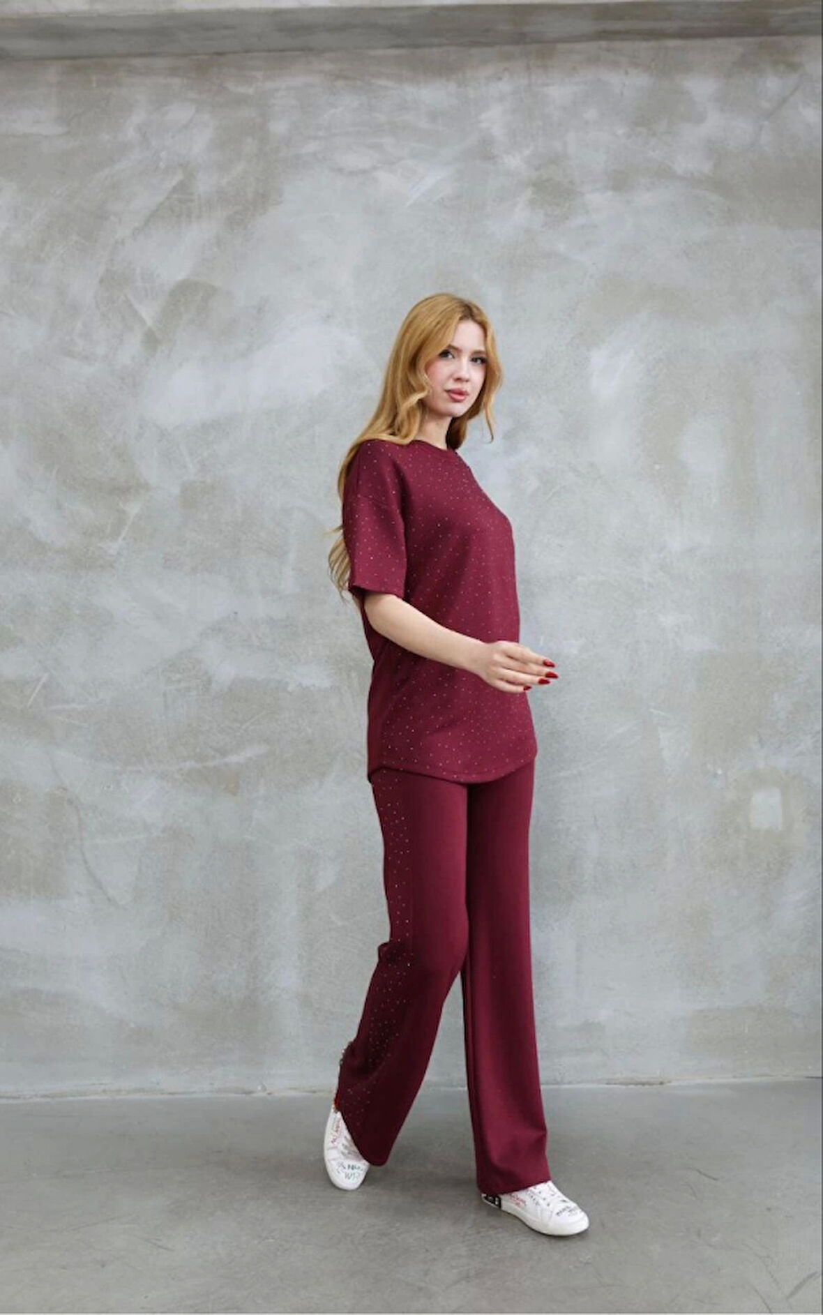 Yonca Moda Evi Osy Modal Yumuşak Dokulu Kumaş Bisiklet Yaka Taş Detaylı Kısa Kollu Takım - Bordo