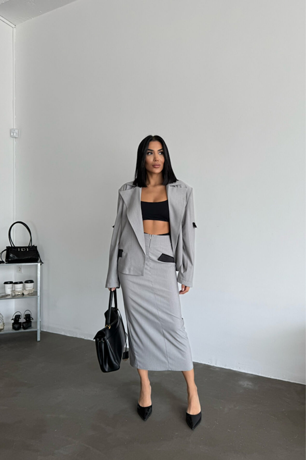 Yonca Moda Evi CROP CEKET - ETEK TAKIM - Gri