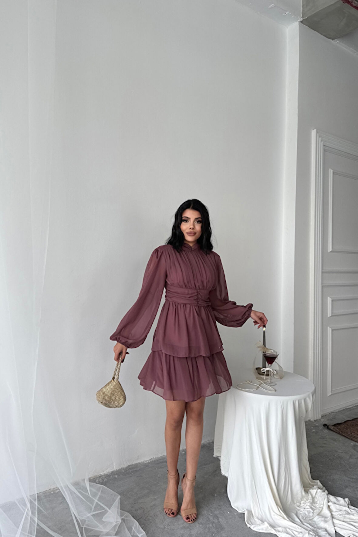 Yonca Moda Evi ŞİFON KATLI UZUN KOL ELBİSE - Pudra