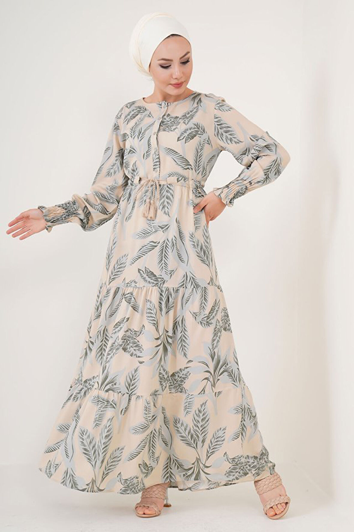 Yonca Moda Evi 2145 Desenli Tesettür Elbise - Bej