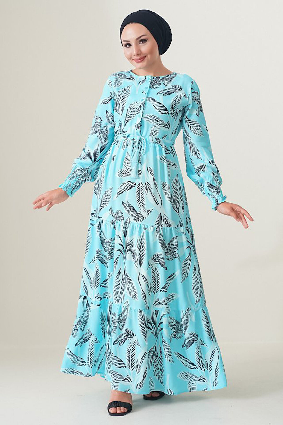 Yonca Moda Evi 2145 Desenli Tesettür Elbise - Turkuaz