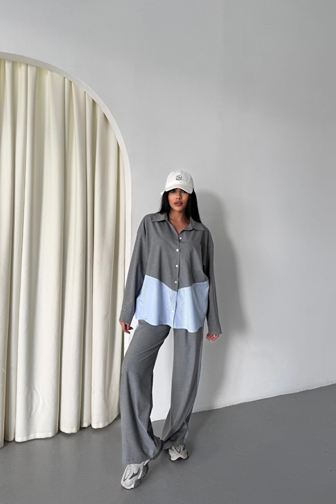 Yonca Moda Evi POLYVİSKON - POPLİN PARÇALI GÖMLEK PANTOLON TAKIM - Gri