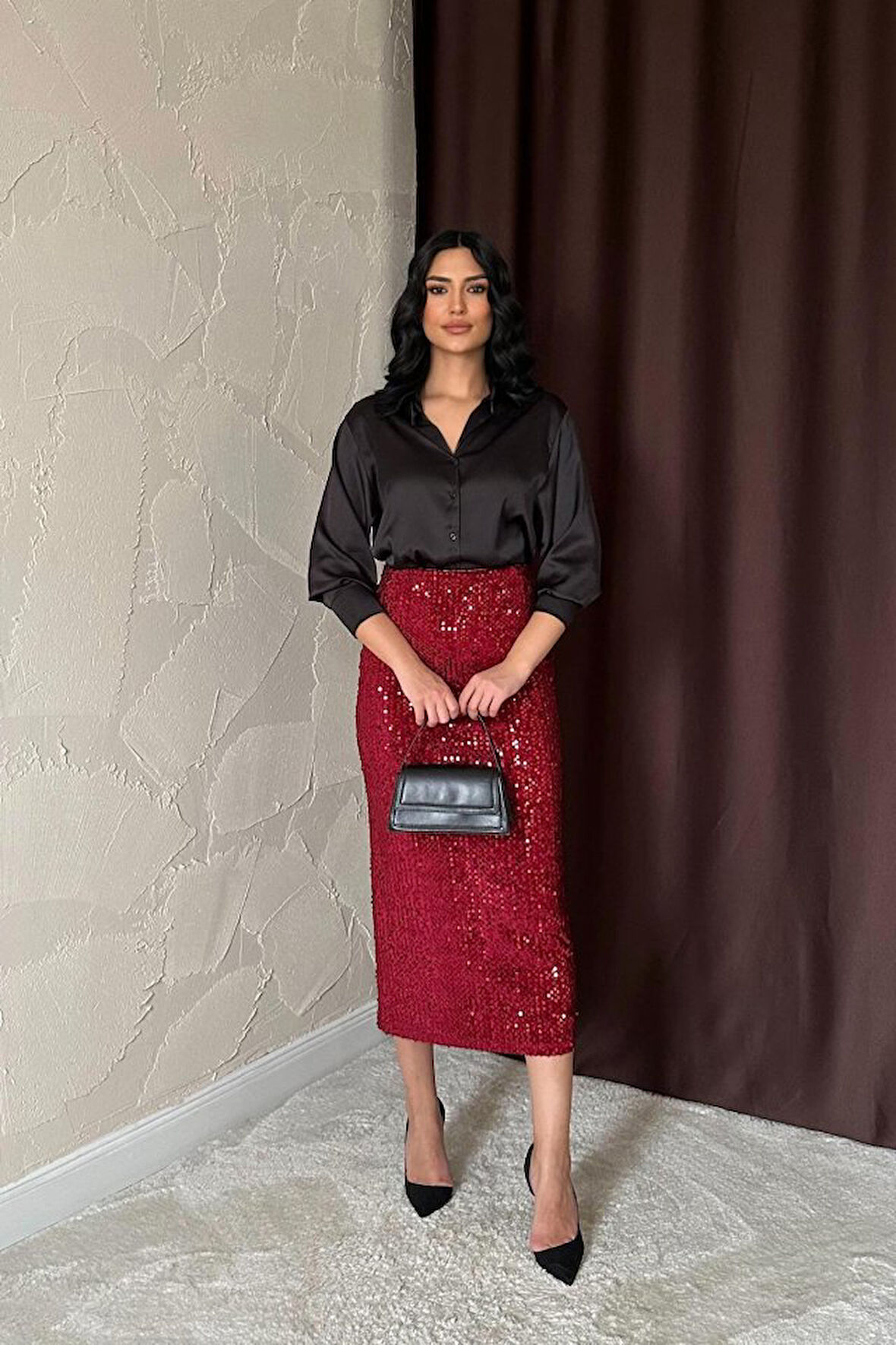 Yonca Moda Evi Bordo Pulpayetli Parlak Etek