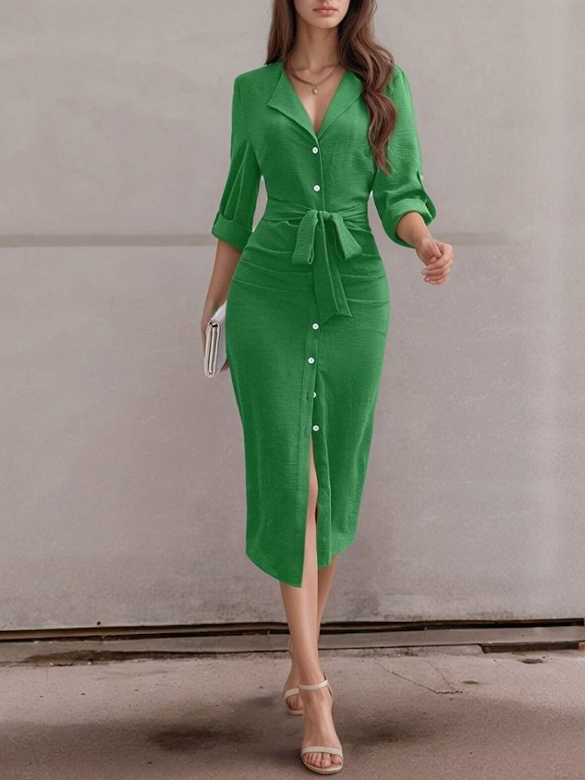 Yonca Moda Evi Kadın Uzun Kollu önden Düğmeli Beli Kuşaklı Aerobin Midi Elbise