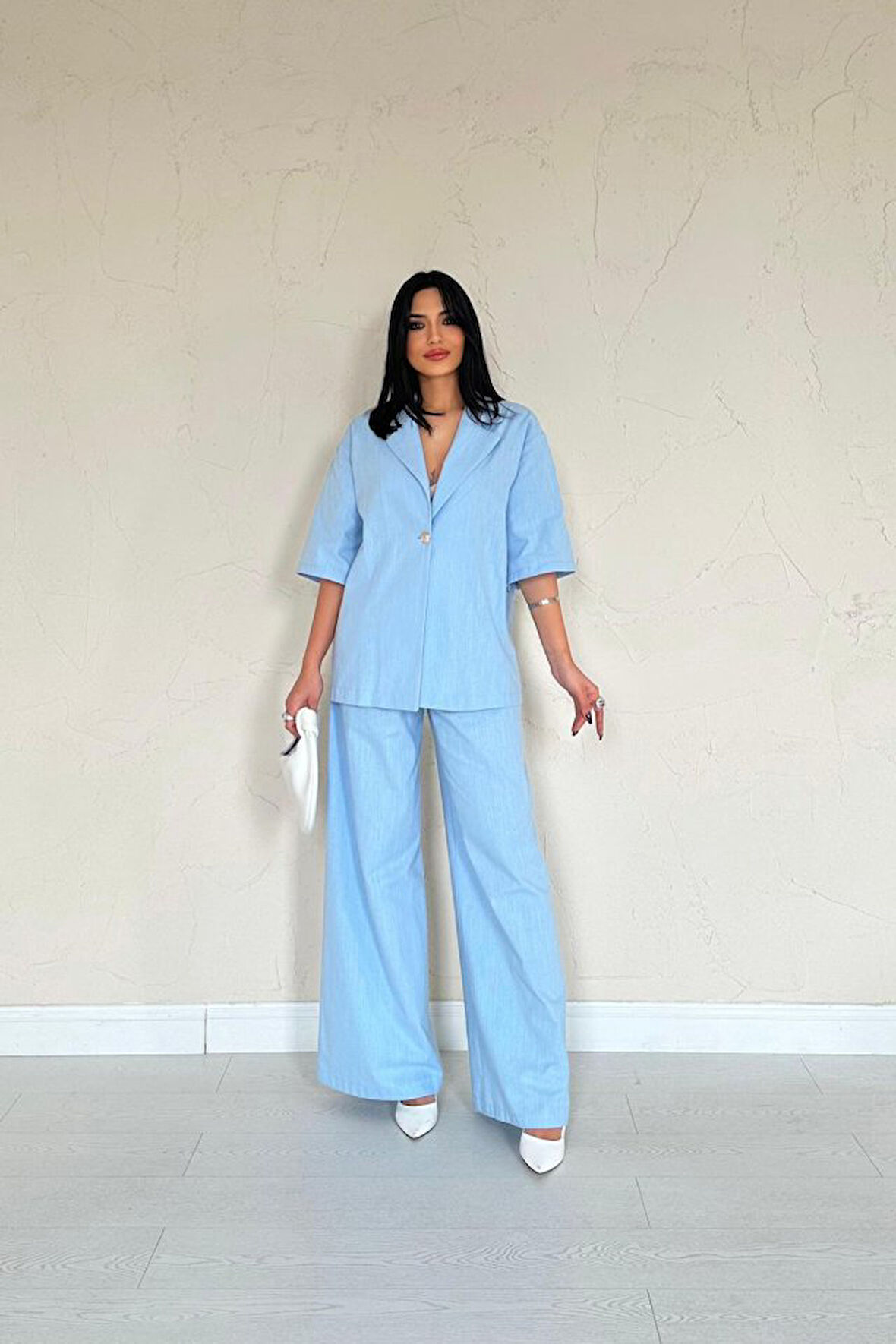 Yonca Moda Evi Mavi Önü Tek Düğmeli Ceket Pantolon Takım
