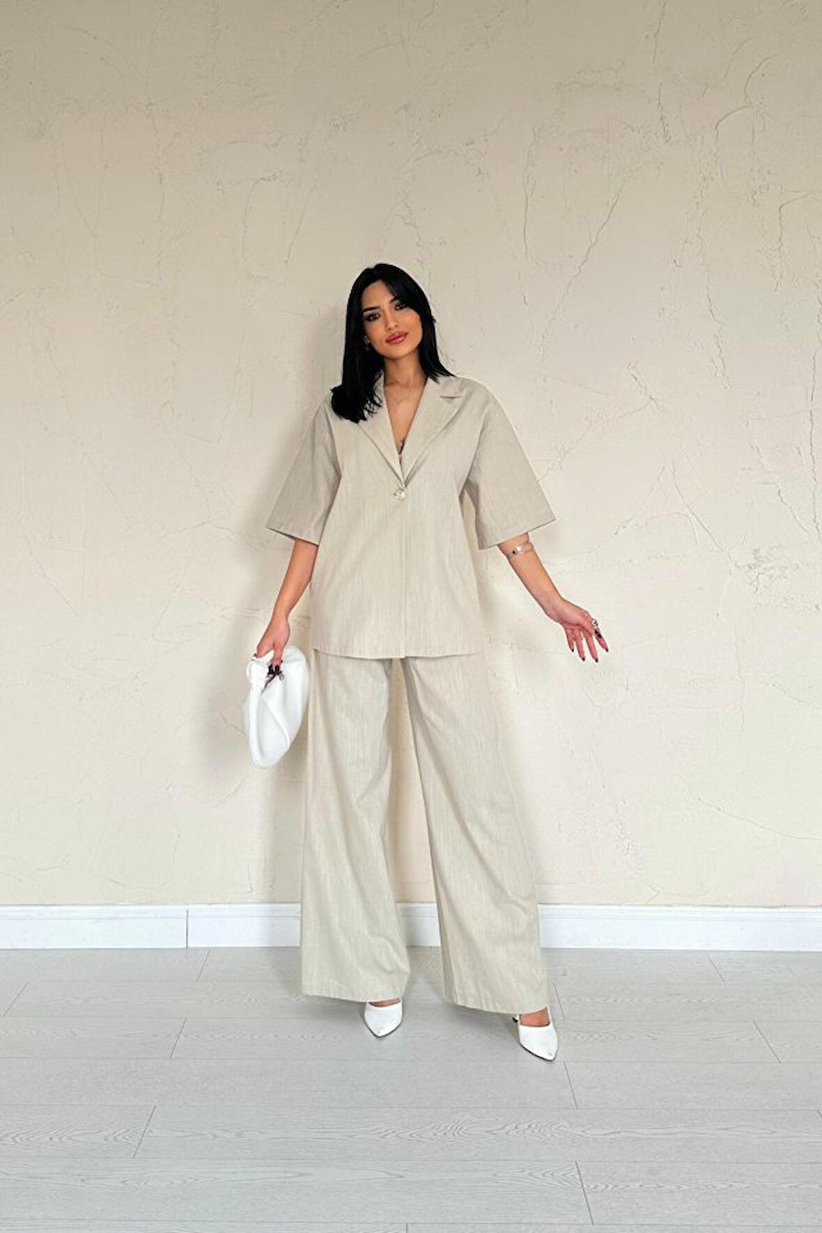 Yonca Moda Evi Bej Önü Tek Düğmeli Ceket Pantolon Takım