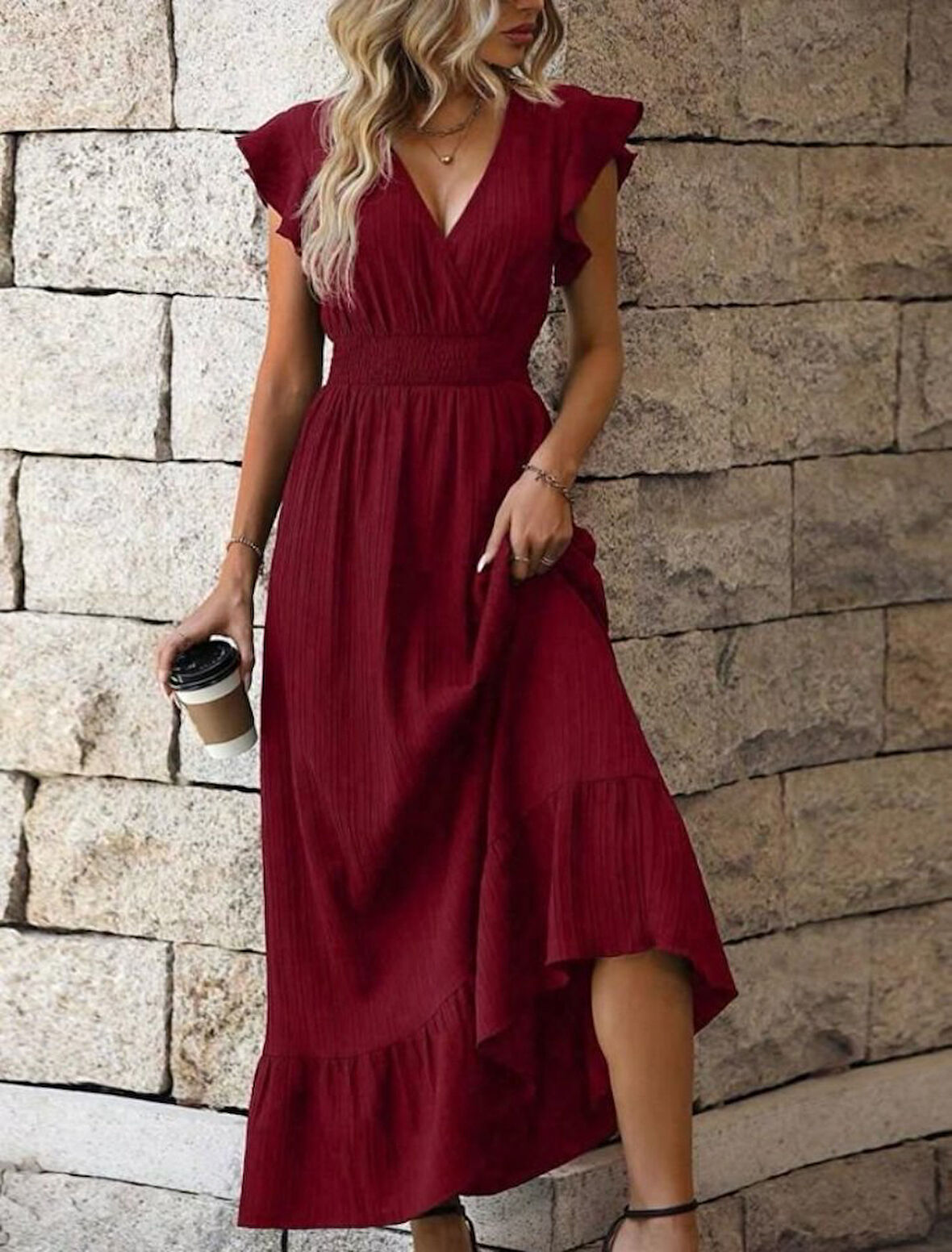 Yonca Moda Evi Kadın Kruvaze Yaka Beli Gipeli Bürümcük Kumaş Elbise
