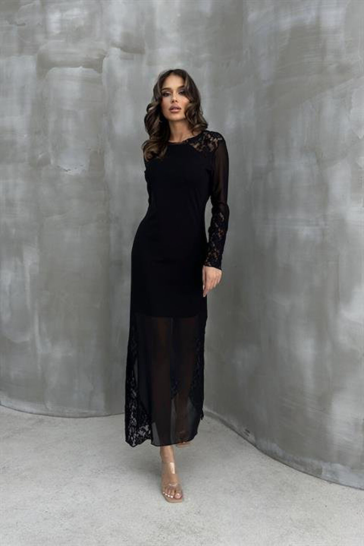 Yonca Moda Evi Almond Dantel Detaylı Tül Elbise 2659-8