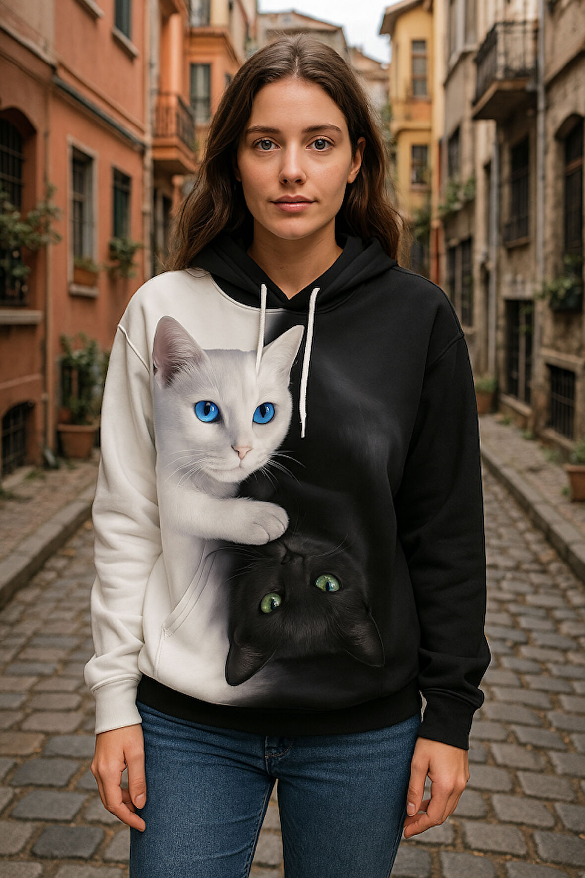 Yonca Moda Evi Kadın Uzun Kollu Kapşonlu Bağcıklı Kedi Desenli şardonlu Dalgıç Bluz