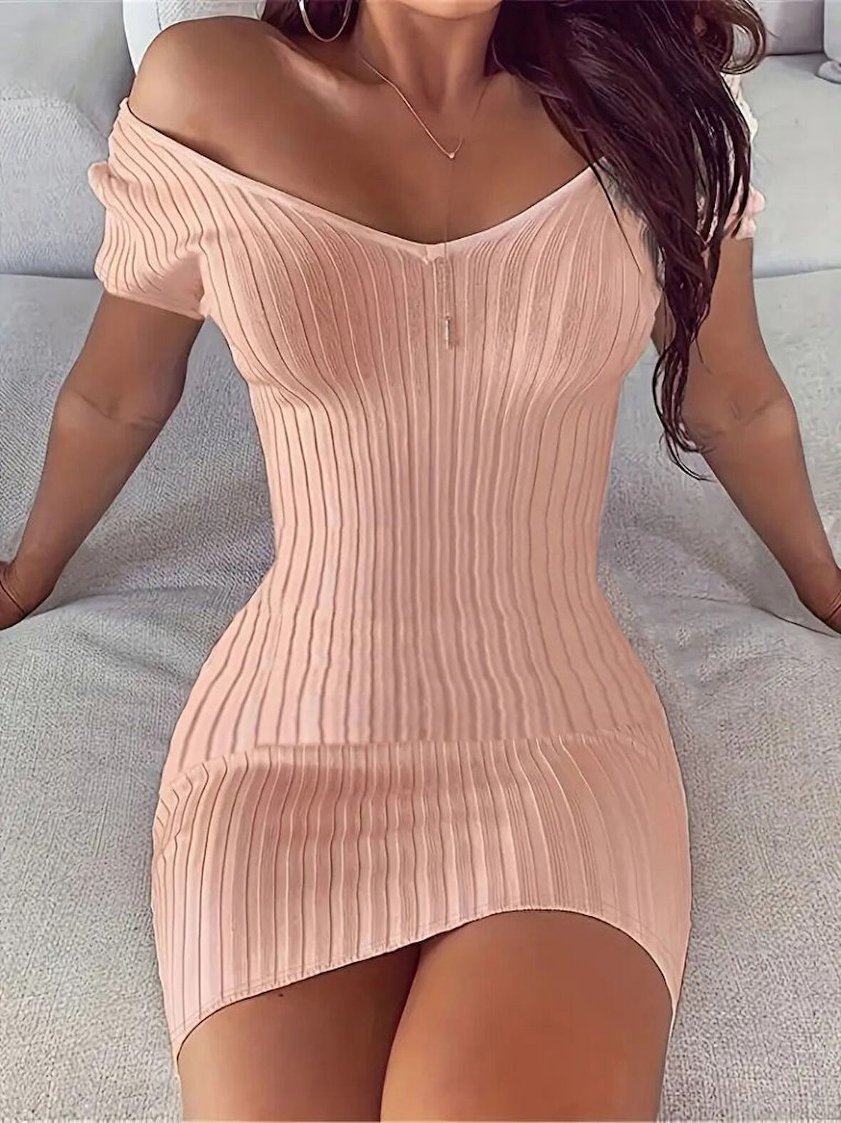 Yonca Moda Evi Kadın Kısa Kollu V Yaka Fitilli Triko Elbise