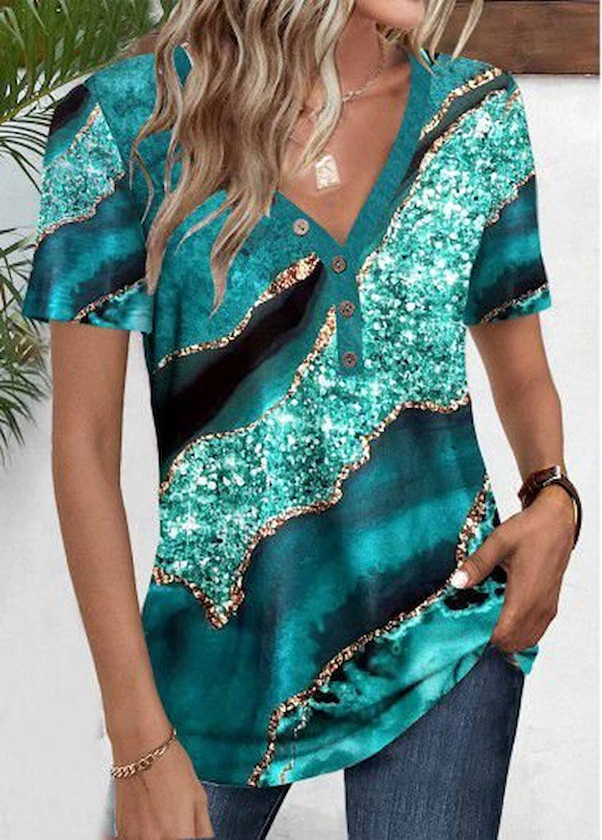 Yonca Moda Evi Kadın Kısa Kollu V Yakalı önden Düğmeli Baskılı Süprem Bluz
