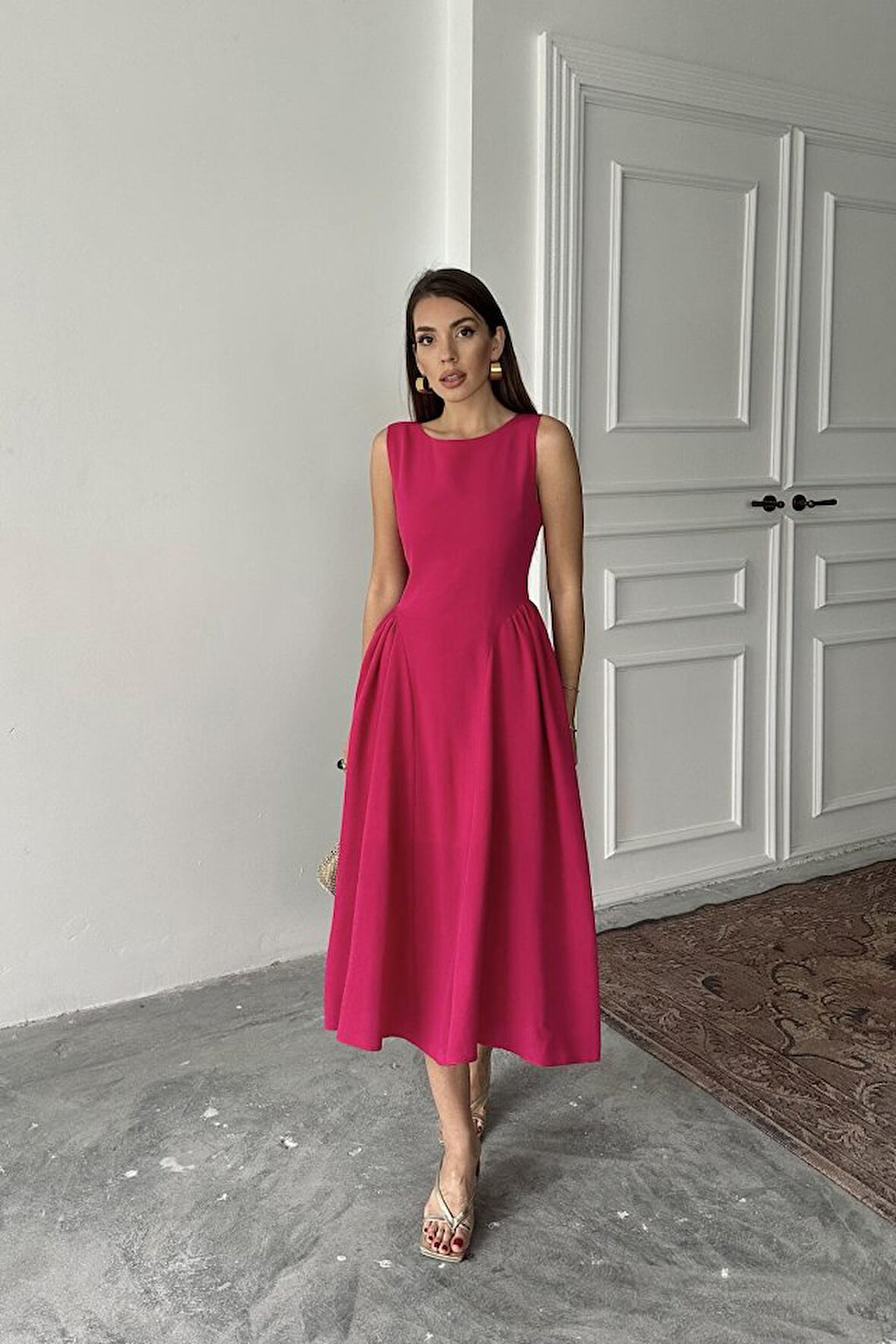 Yonca Moda Evi Fuşya Yanları Büzgülü Midi Boy Keten Elbise