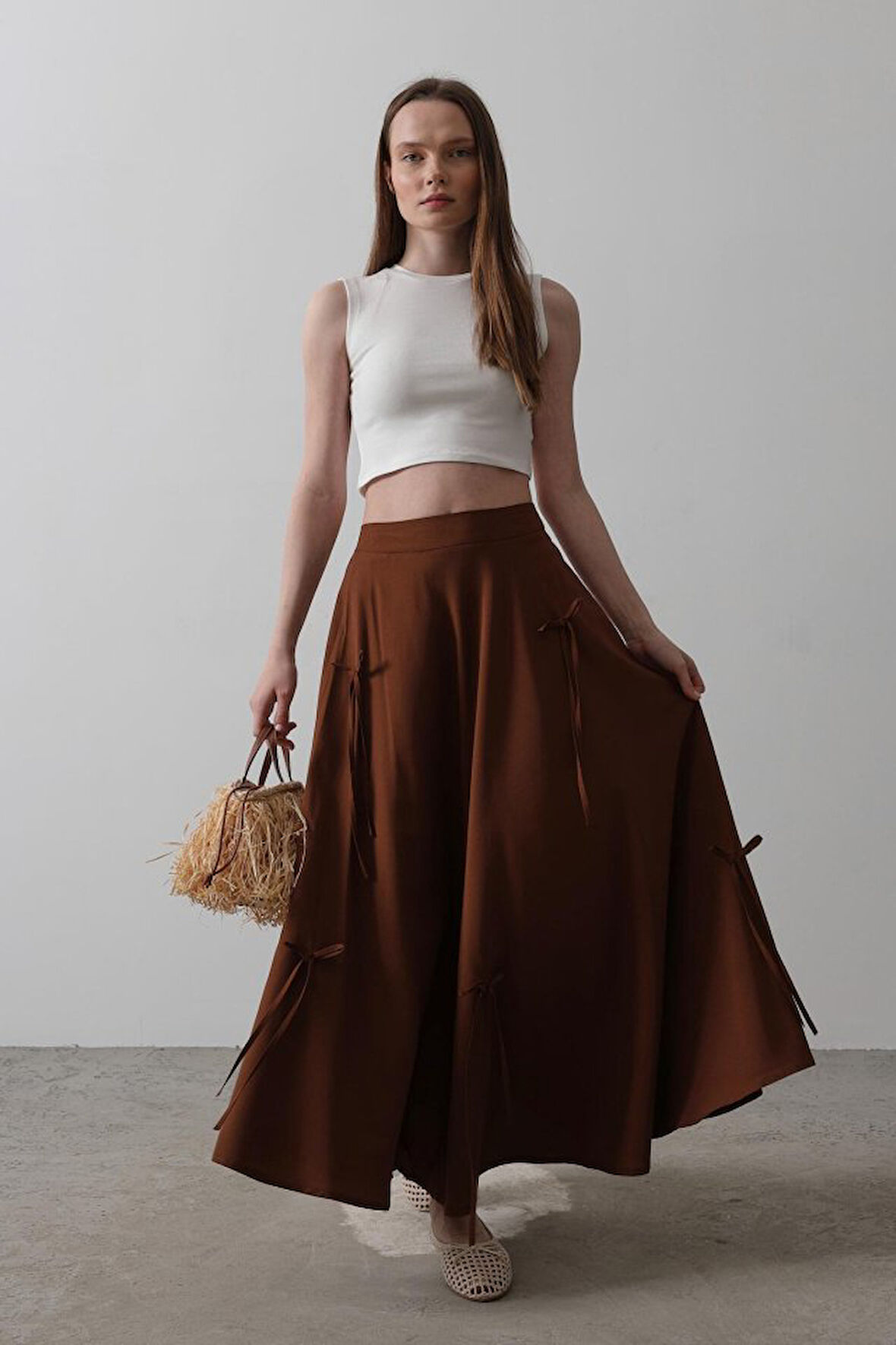 Yonca Moda Evi Fiyonk Kloş Etek - Kahve