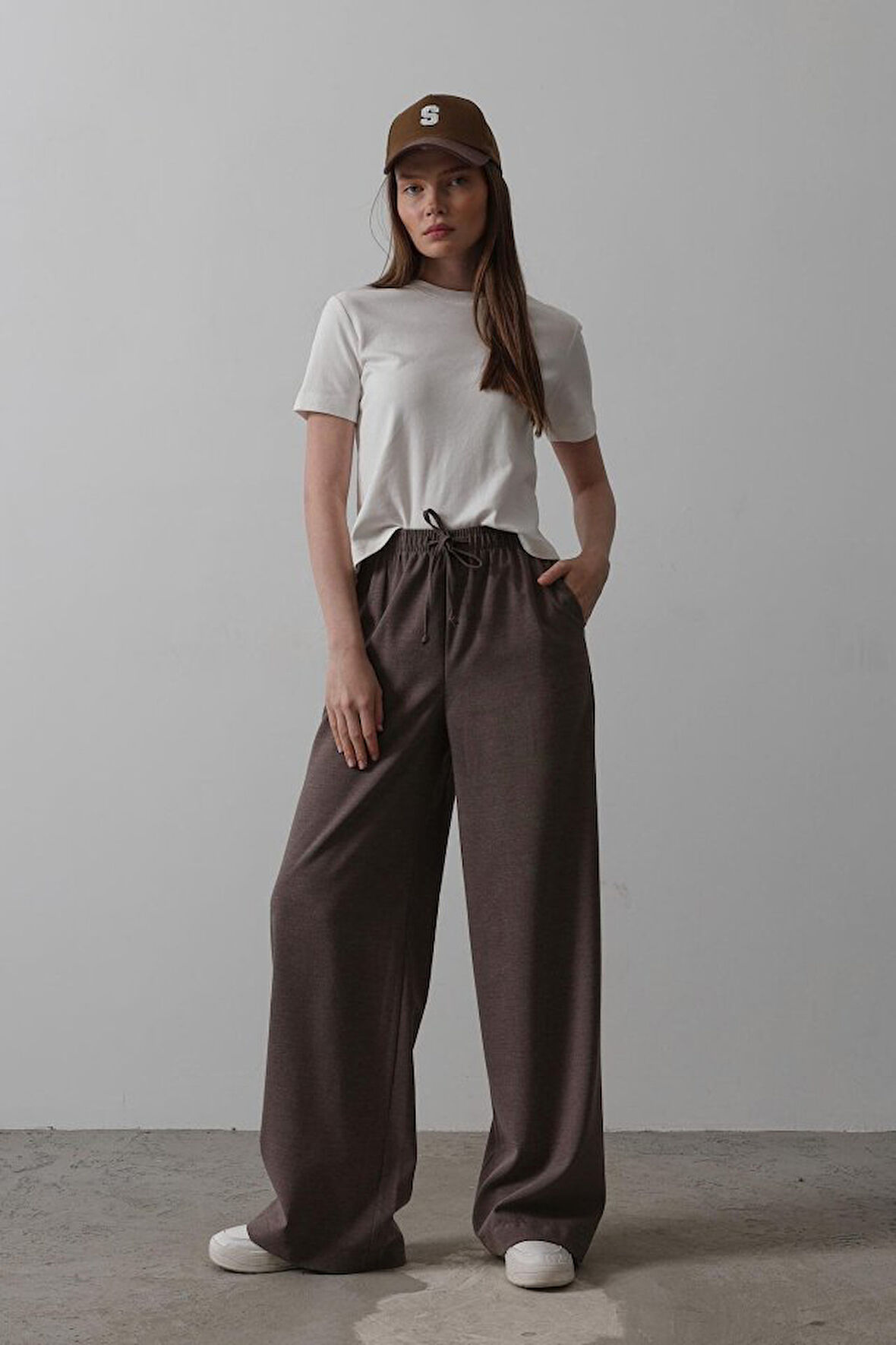 Yonca Moda Evi Beli Lastikli Bol Paça Pantolon - Kahve
