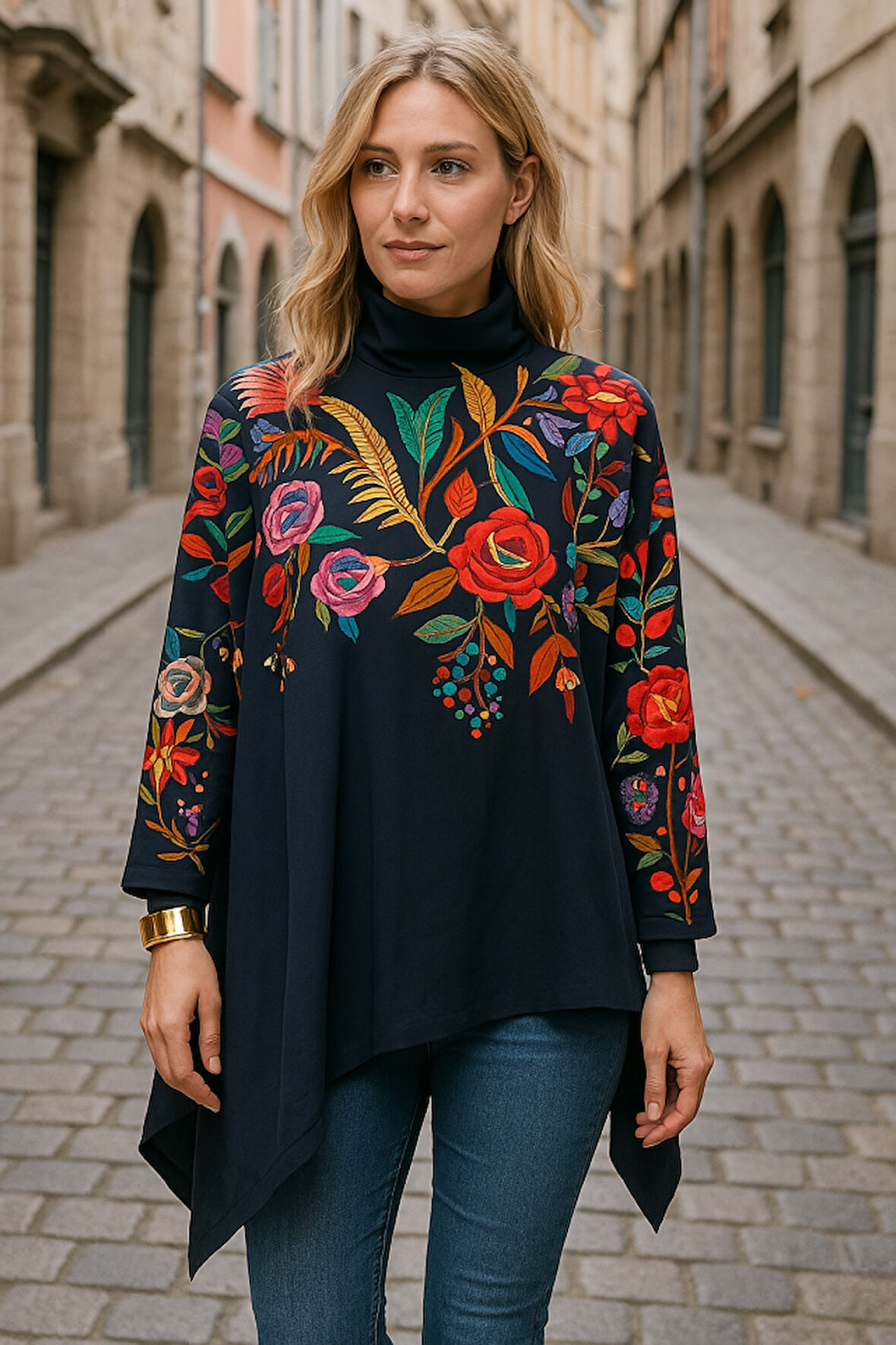 Yonca Moda Evi Kadın Uzun Kollu Balıkçı Yaka Asimetrik Kesim Dalgıç Kumaş Bluz