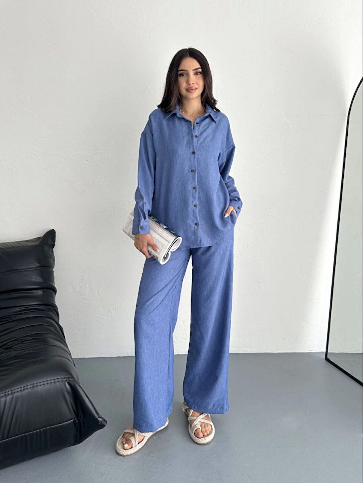 Yonca Moda Evi Gömlek Pantolon Ikili Takım - Mavi