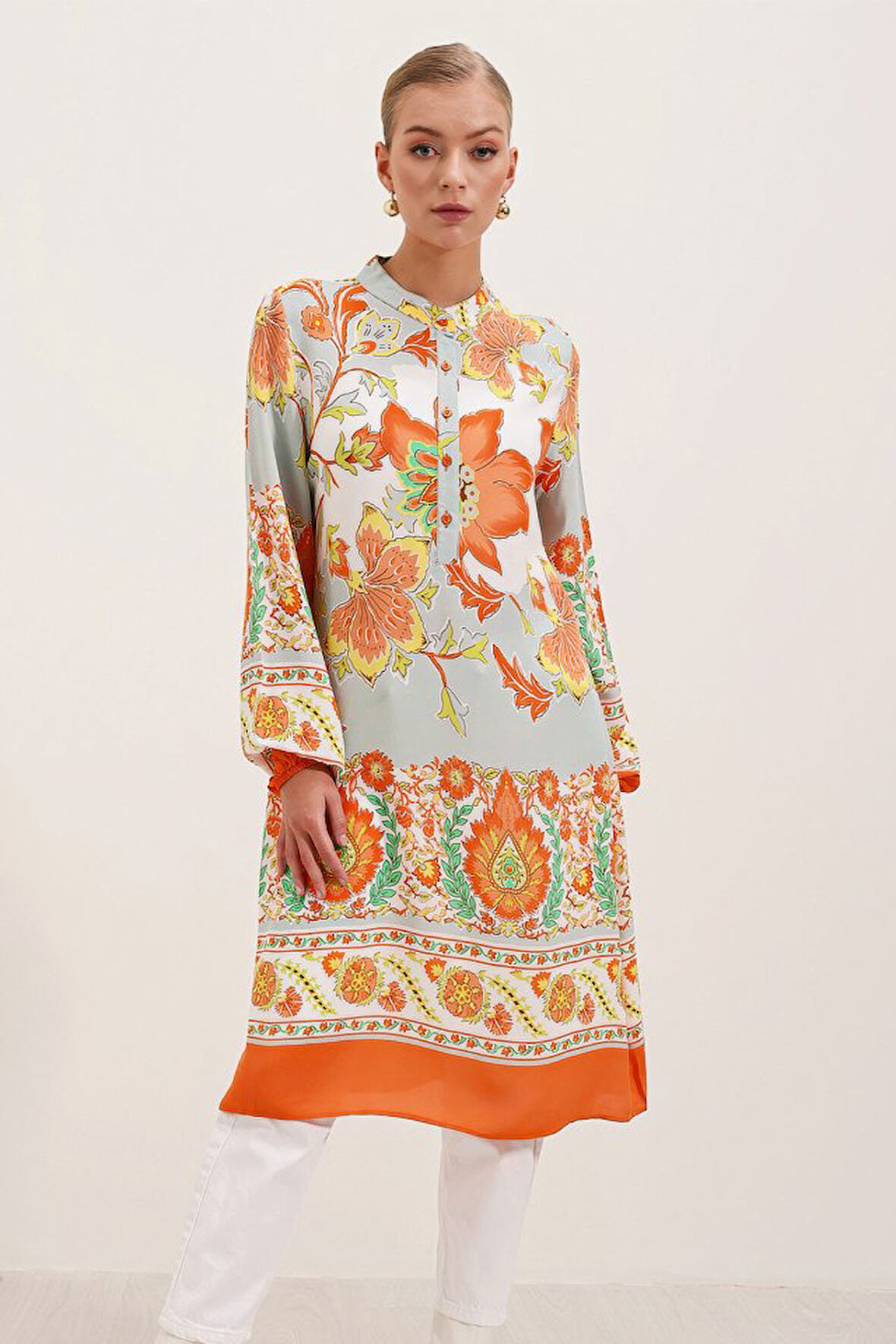 Yonca Moda Evi 5903 Desenli Viskon Elbise - Turuncu