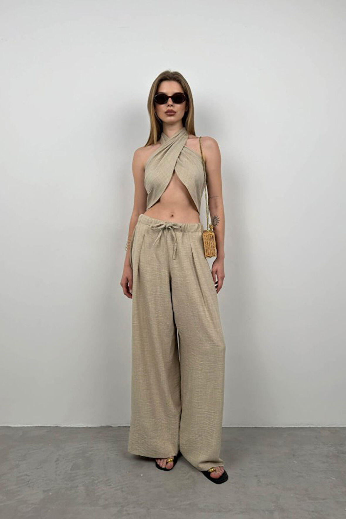 Yonca Moda Evi Çapraz Bağlamalı Keten Crop
