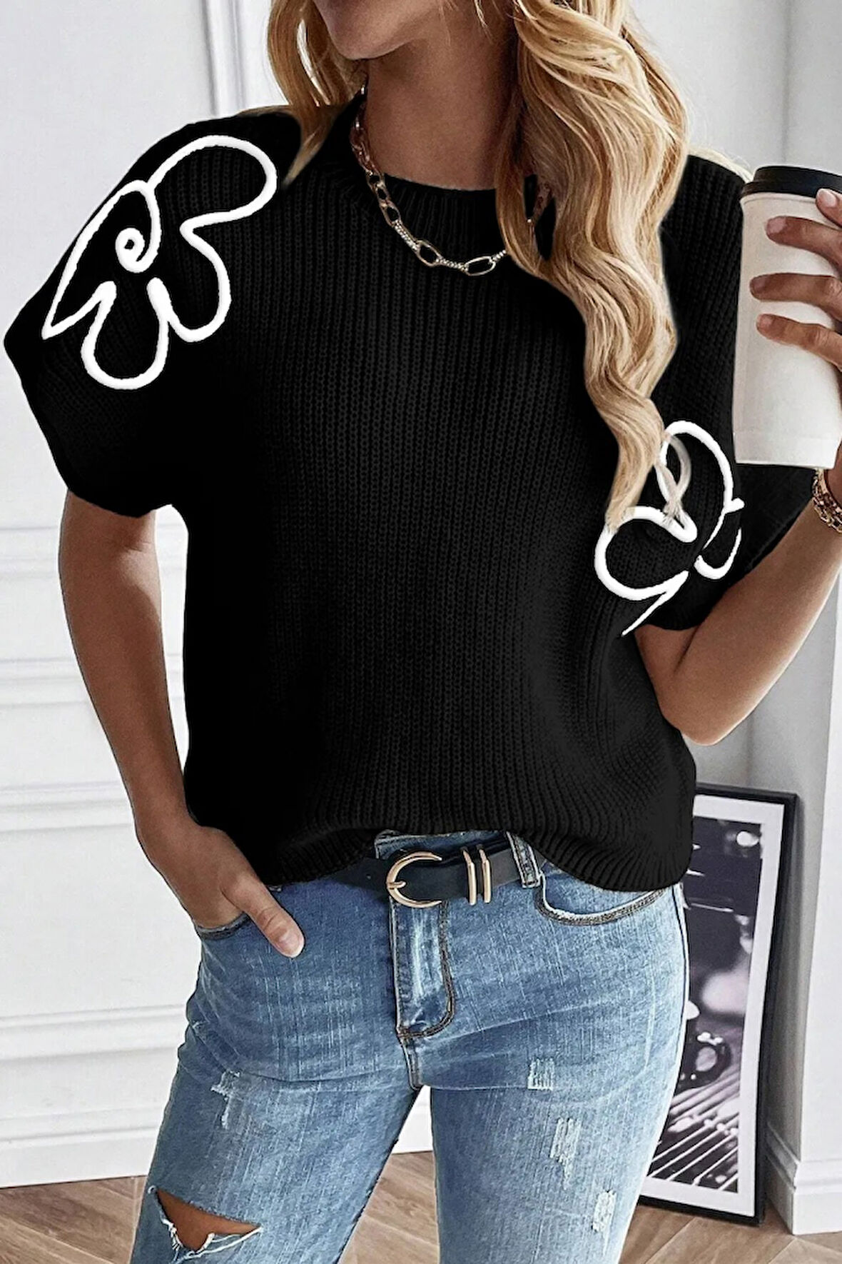 Yonca Moda Evi Kadın çiçek Detaylı Triko Bluz