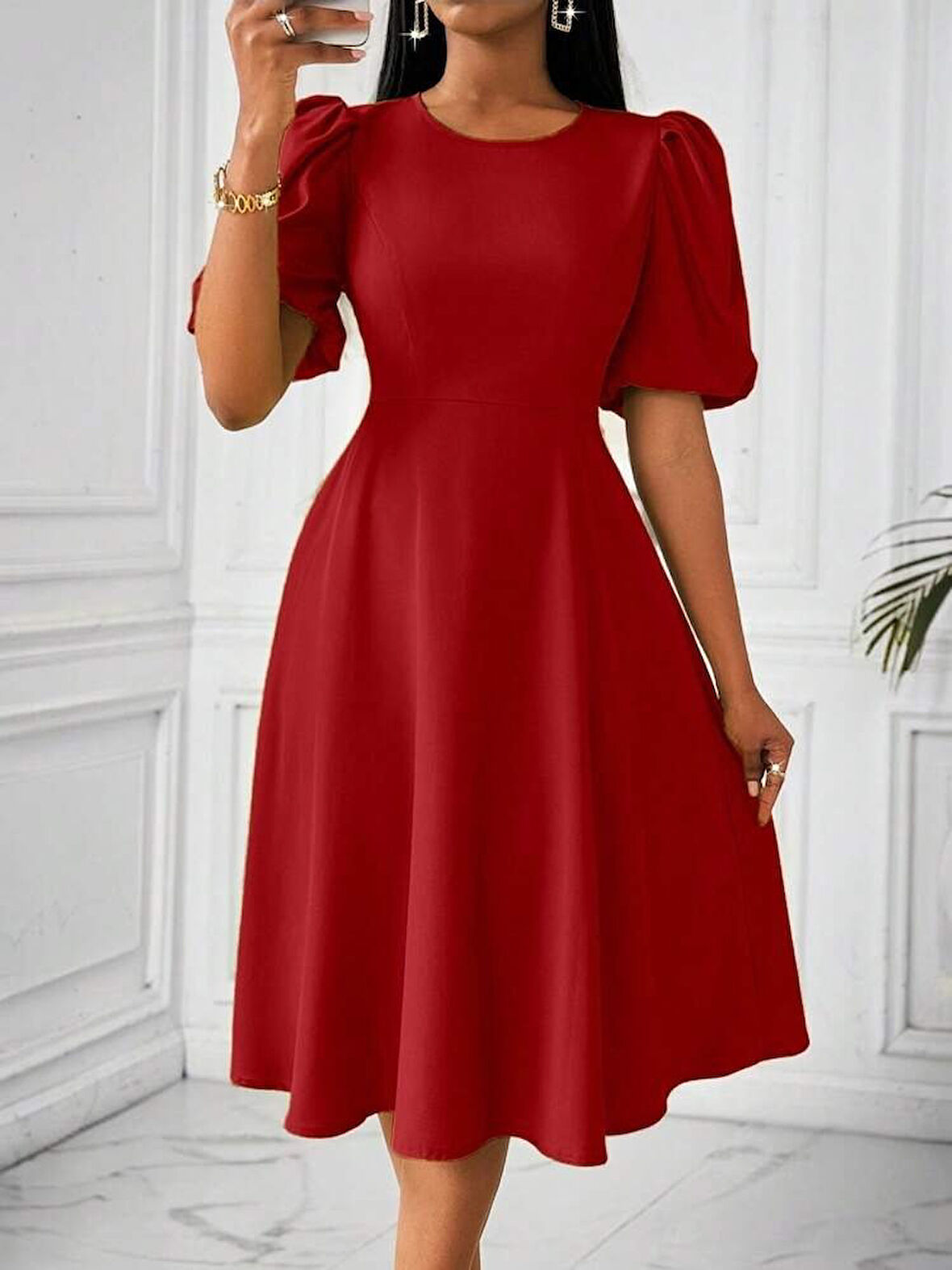 Yonca Moda Evi Kadın Kısa Balon Kollu Bisiklet Yaka Kiloş Janjan Krep Elbise