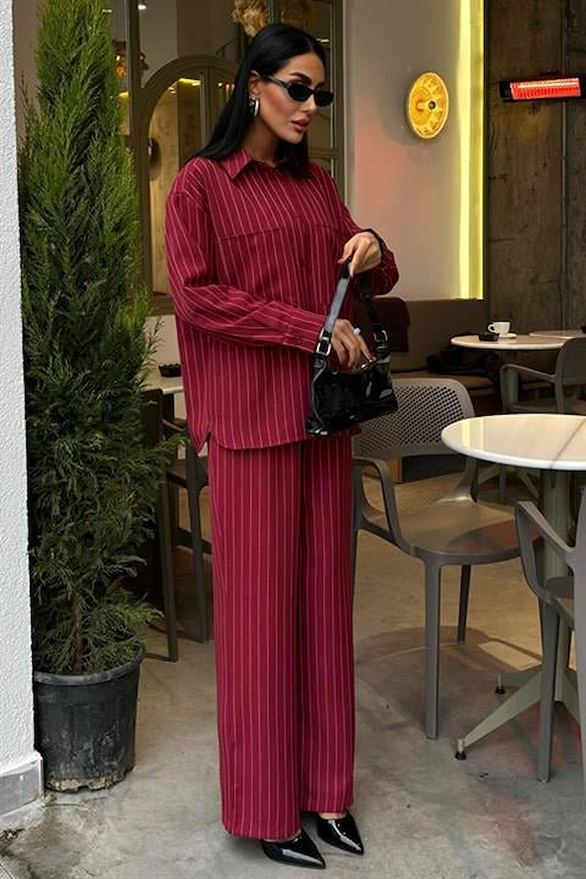 Yonca Moda Evi Palazzo Pantolonlu Çizgili Takım 10092