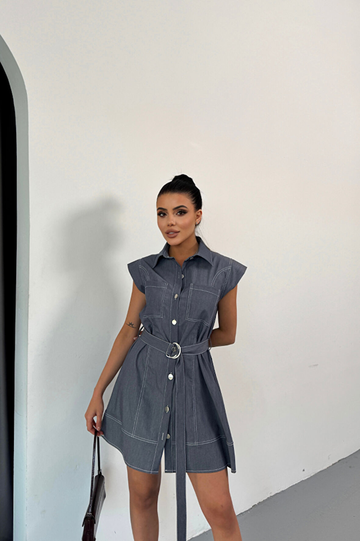 Yonca Moda Evi GÖMLEK ELBİSE KOLSUZ TENCEL KUMAŞ - Mavi