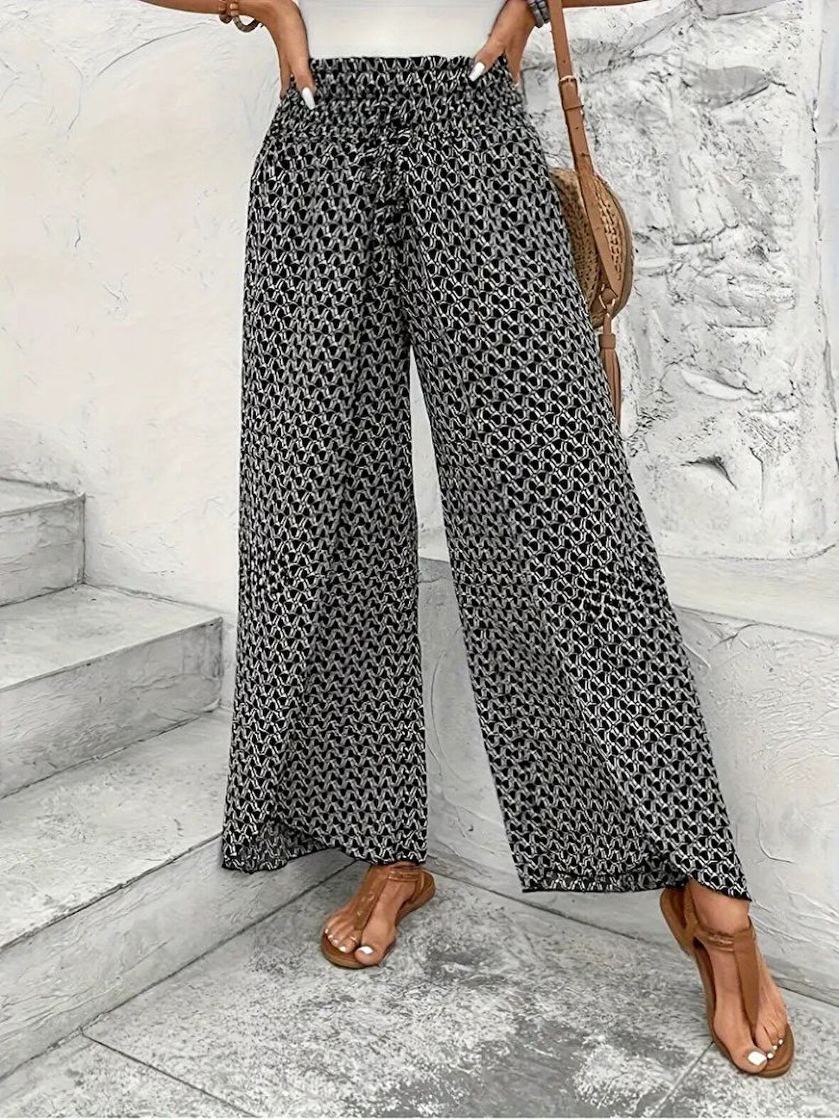 Yonca Moda Evi Kadın Yüksek Bel Lastikli önden Iki Parçalı Desenli Bürümcük Pantolon