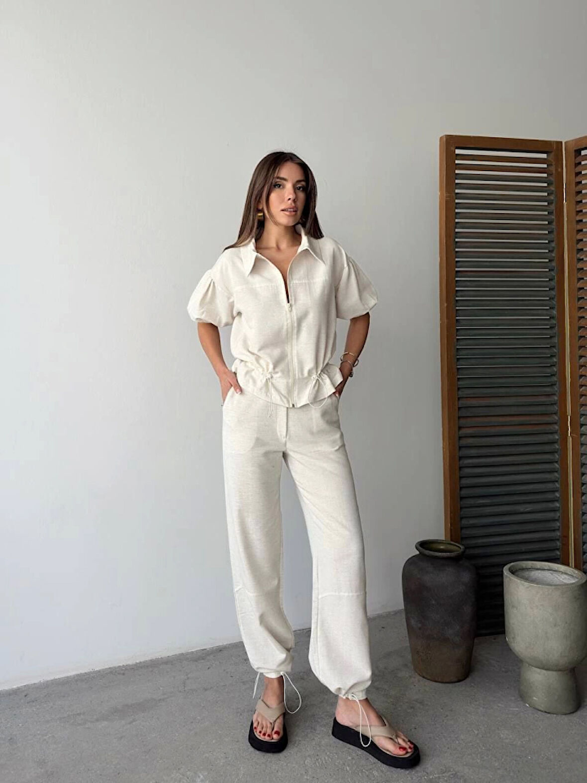 Yonca Moda Evi Keten Tam Fermuarlı Kısa Kollu Gömlek Pantolon Ikili Takım - Beyaz