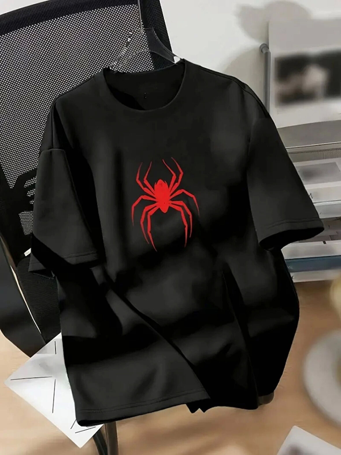 Yonca Moda Evi Baskılı Oversize Bisiklet Yaka T-shirt - Siyah