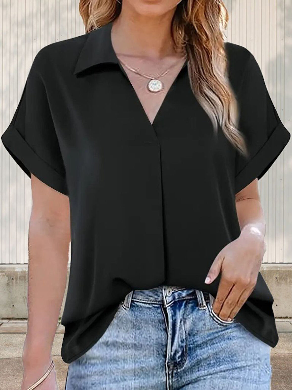 Yonca Moda Evi Kadın Kısa Kollu Yakalı Uzun Sandy Bluz