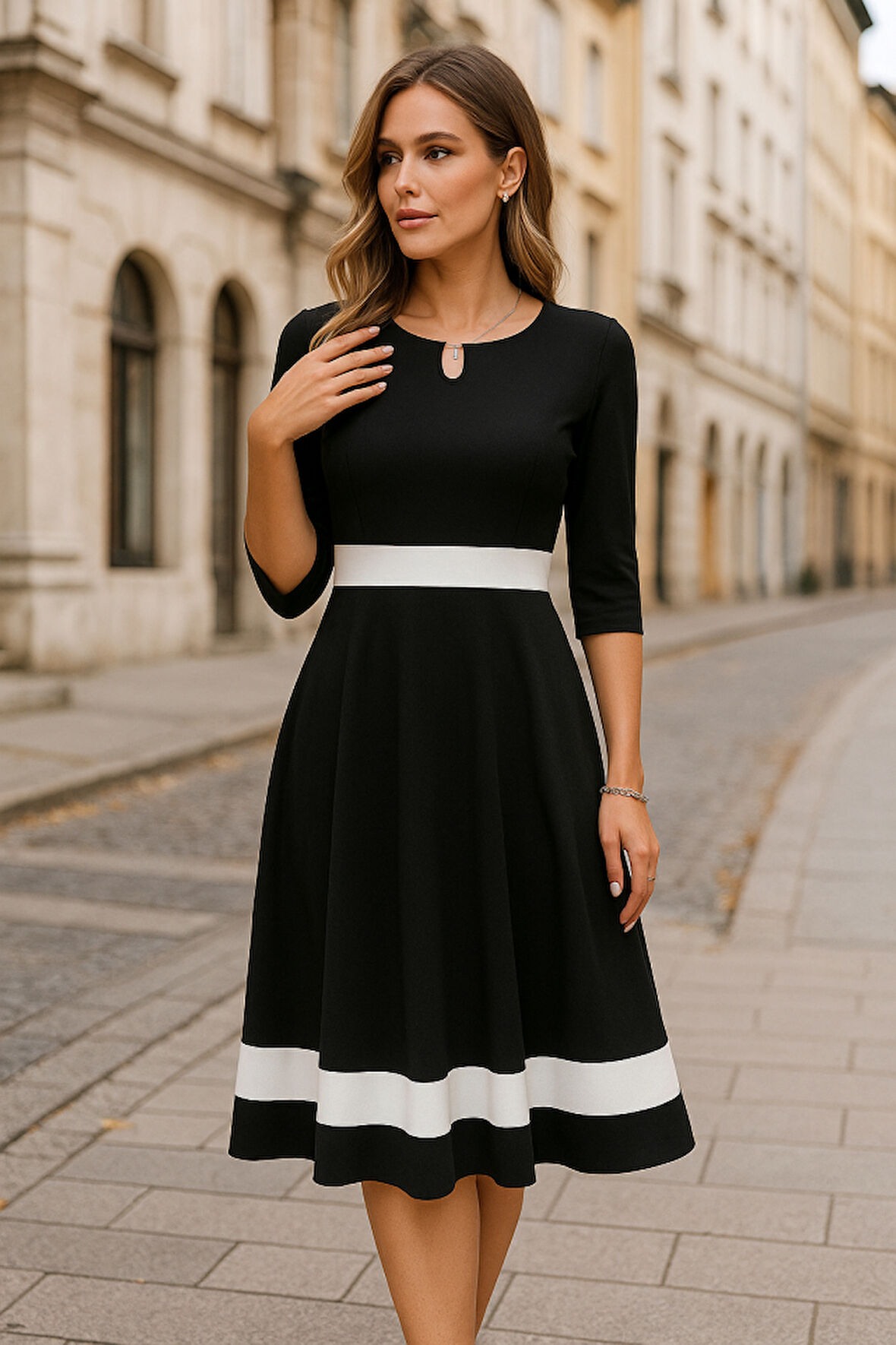Yonca Moda Evi Kadın Fakir Kol Yakası Açık Blok Renkli Krep Midi Elbise