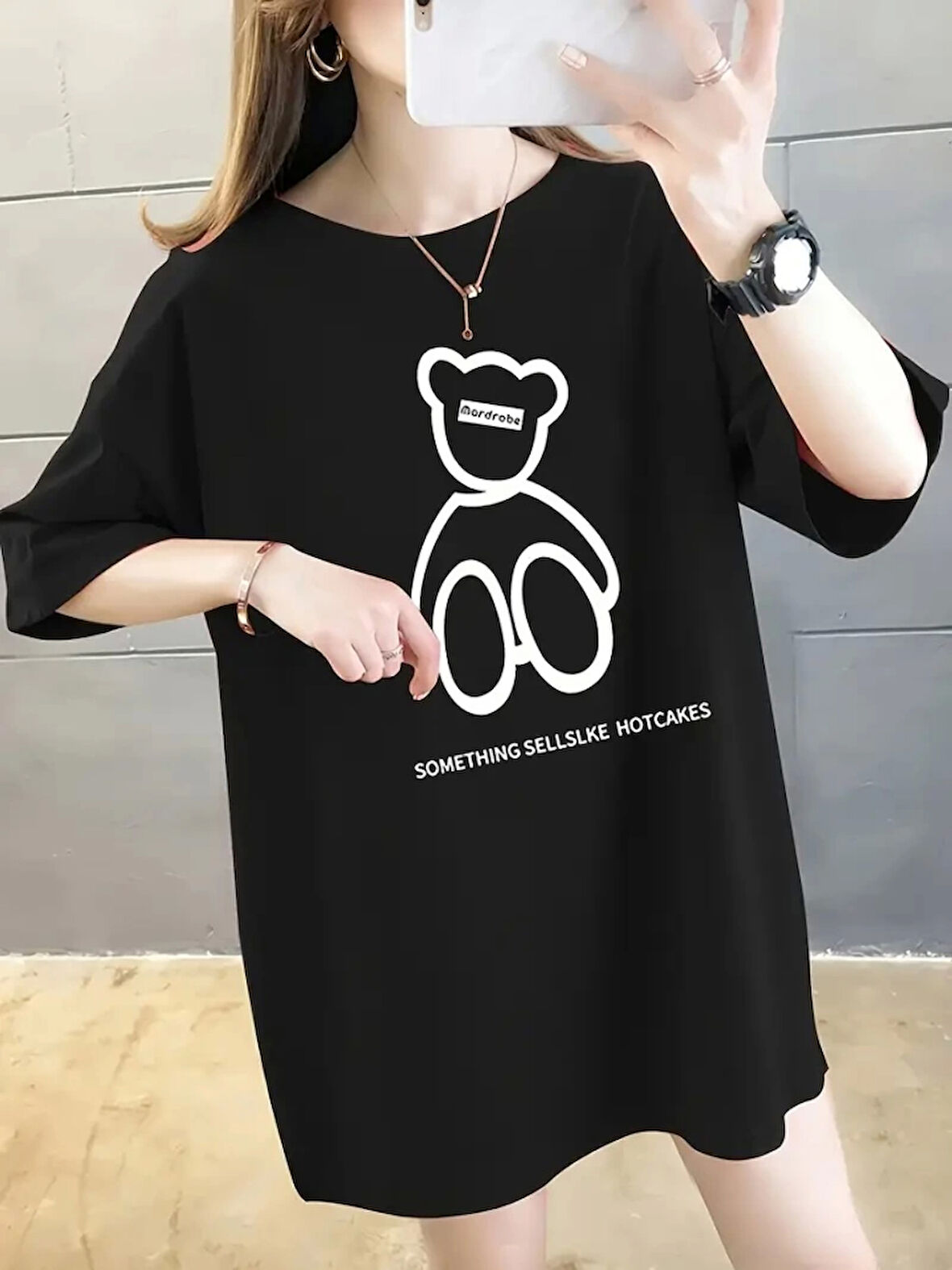 Yonca Moda Evi Baskılı Oversize Bisiklet Yaka T-shirt - Siyah