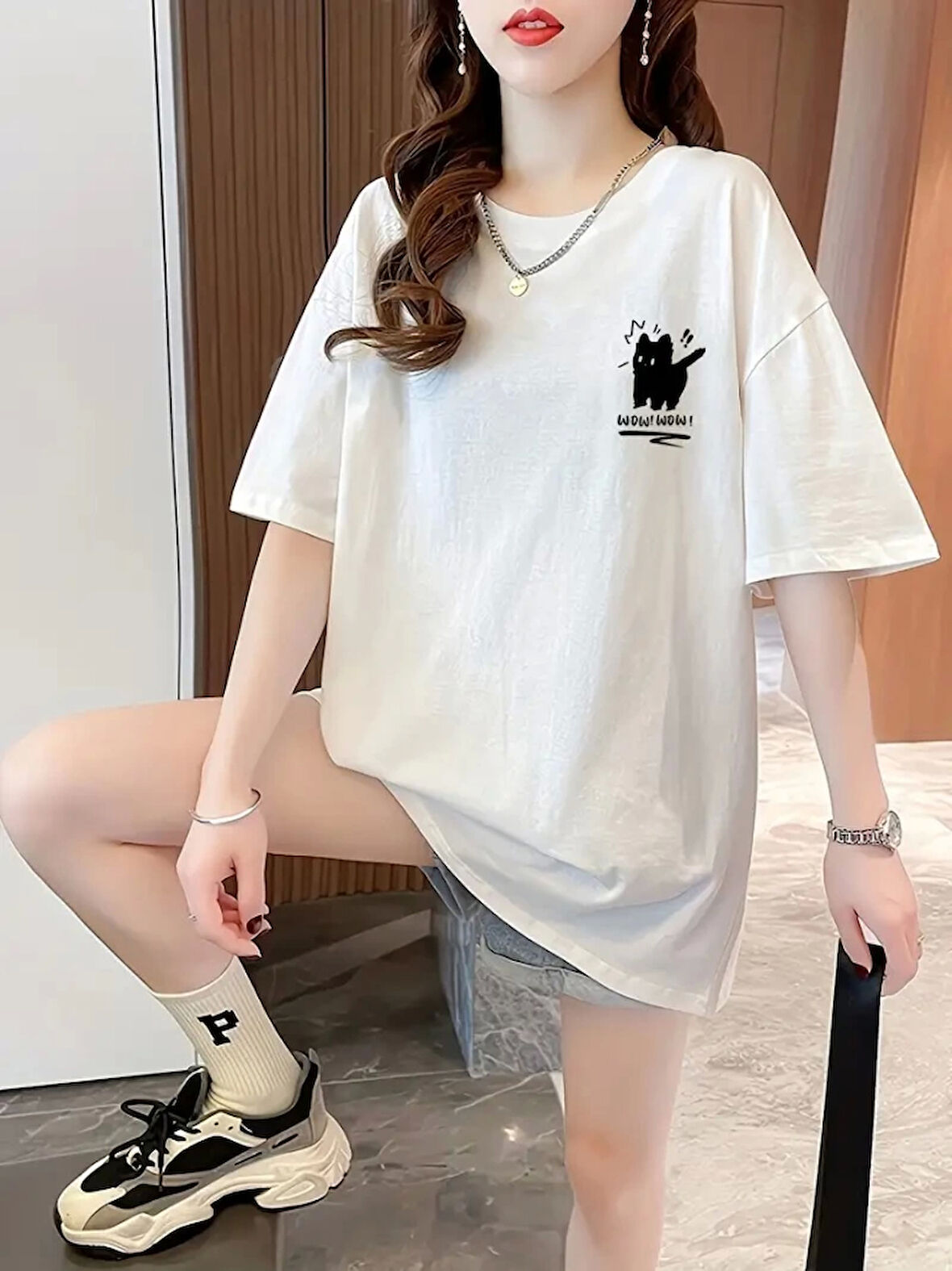 Yonca Moda Evi Baskılı Oversize Bisiklet Yaka T-shirt - Beyaz