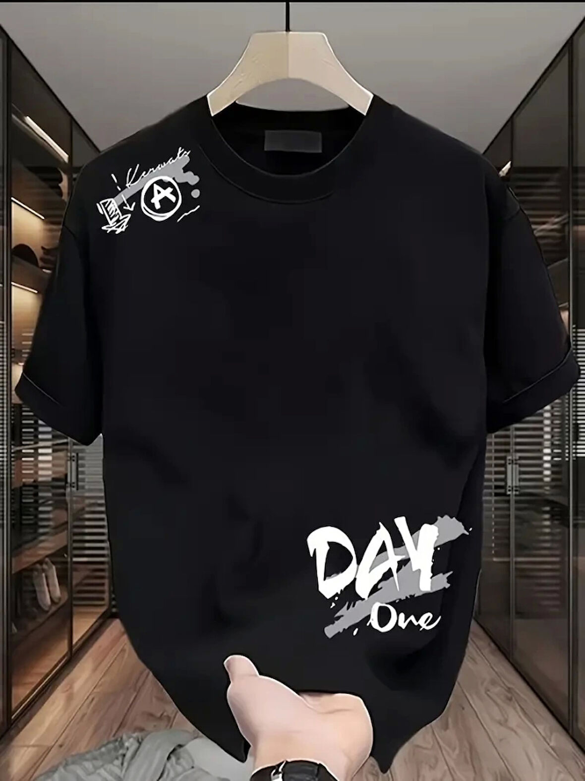 Yonca Moda Evi Baskılı Oversize Bisiklet Yaka T-shirt - Siyah