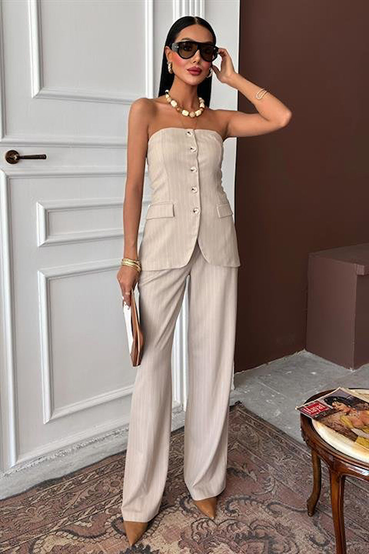 Yonca Moda Evi Straplez Büstiyerli Plazzo Pantolonlu Çizgili Takım 10151
