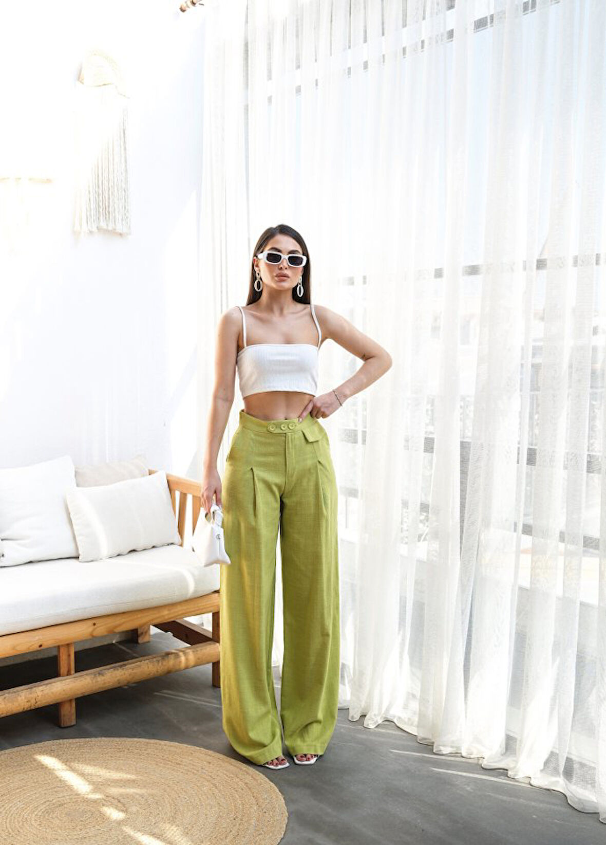 Yonca Moda Evi Keten Düğme Detayli Dökümlü Palazzo Pantolon
