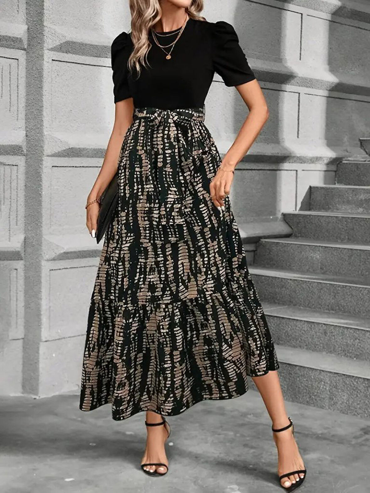 Yonca Moda Evi Kadın Kısa Kollu Bisiklet Yaka üst Ithal Krep Alt Süprem Maksi Boy Elbise