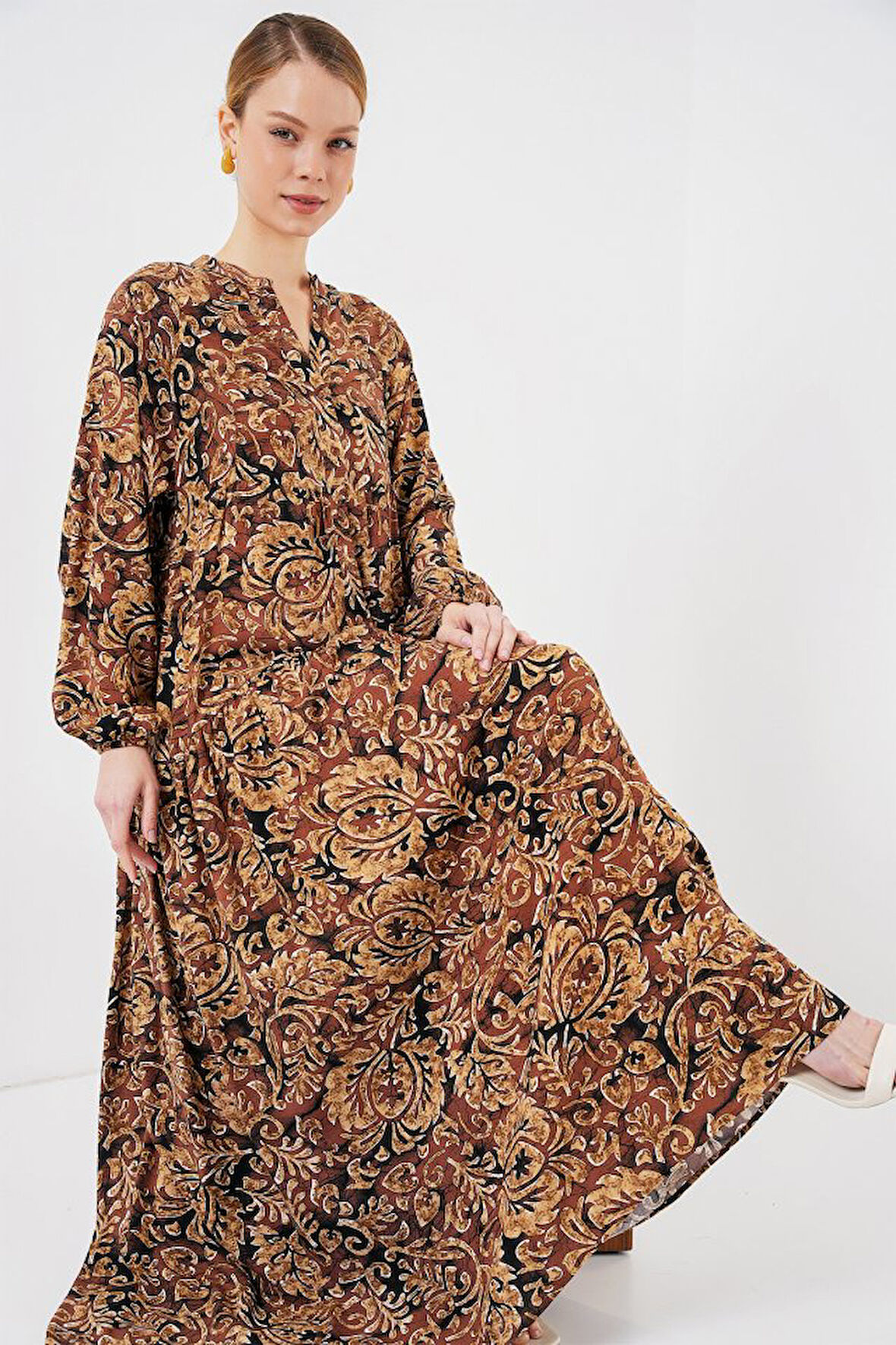 Yonca Moda Evi 2423 Otantik Desenli Tesettür Elbise - Camel