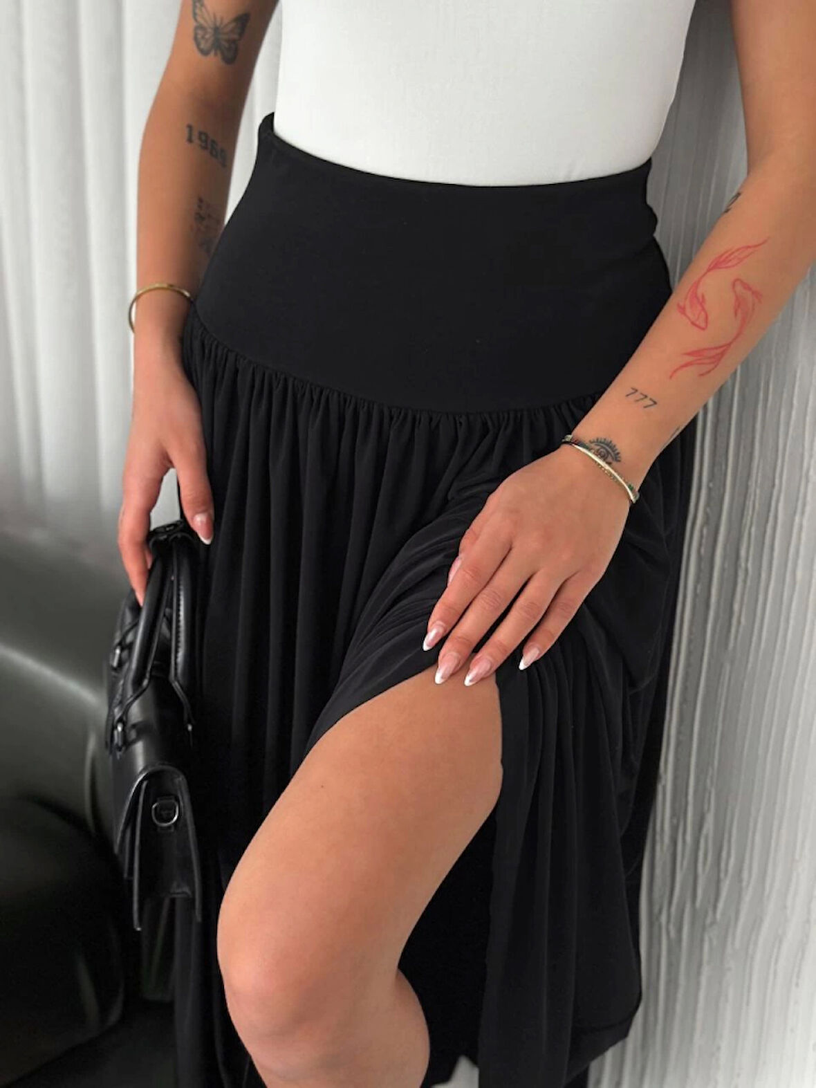 Yonca Moda Evi Sandy Uzun Yüksel Bel Etek - Siyah