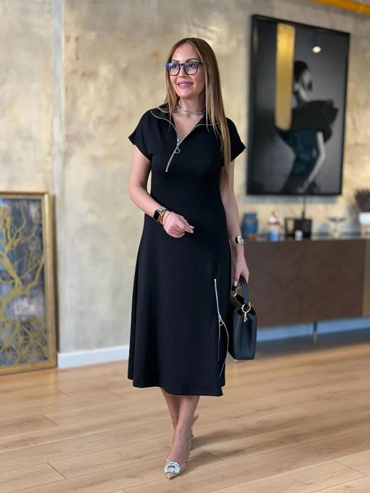 Yonca Moda Evi Kadın Kısa Kollu Yakadan Ve Etekten Fermuarlı Midi Viskon Iki Iplik Elbise