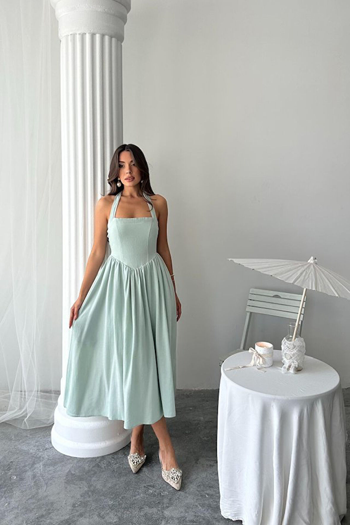 Yonca Moda Evi Mint Boyundan Bağlamalı Keten Elbise