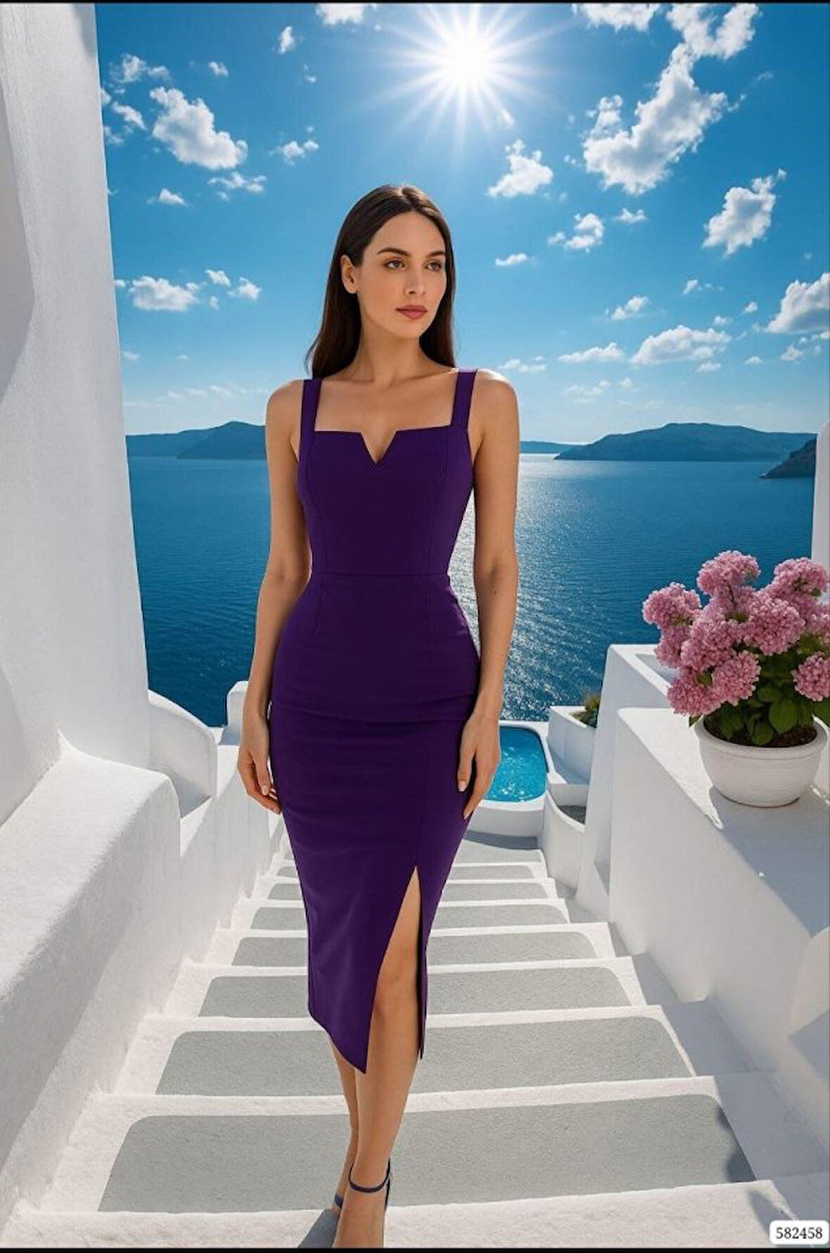 Yonca Moda Evi Kadın Dalgıç Krep Kumaş Yırtmaç Detaylı Midi Boy Elbise
