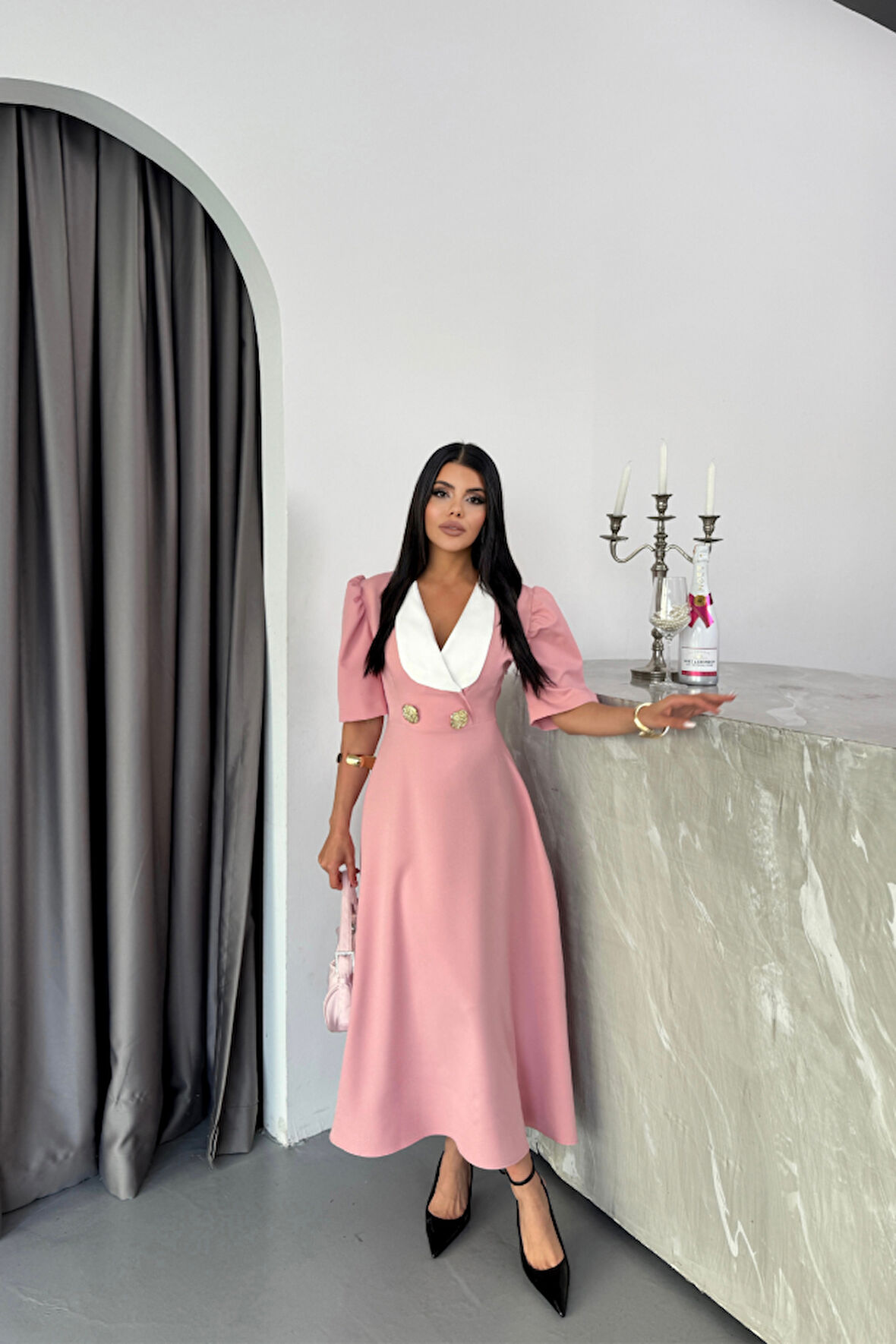 Yonca Moda Evi TASARIM ELBİSE CEKET YAKA GOLD DÜĞME DETAYLI KISA KOL - Pudra
