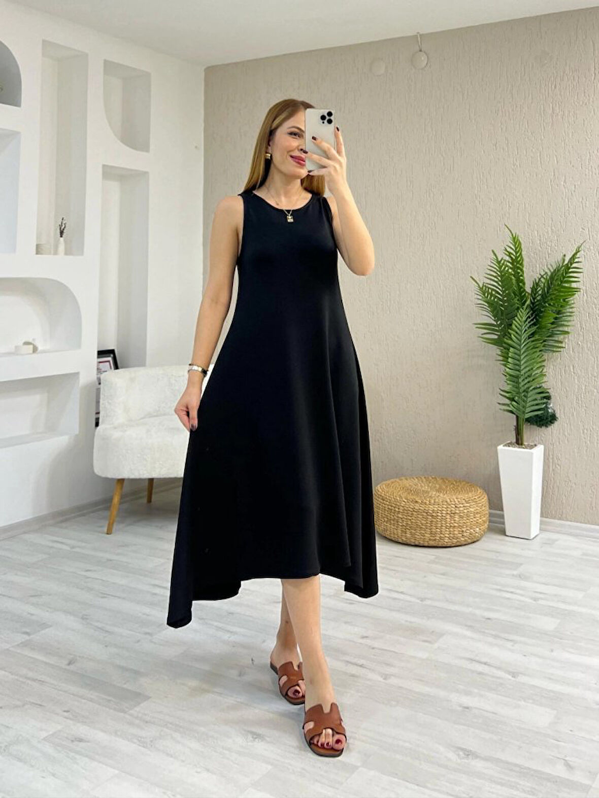 Yonca Moda Evi Kadın Askılı Yuvarlak Yakalı Asimetrik Kesim Detaylı Viskon Elbise