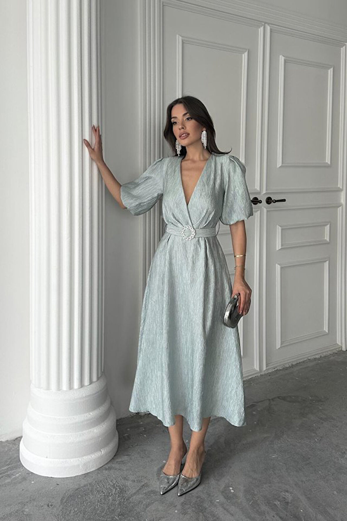 Yonca Moda Evi Mint Işıltılı Kemerli Kruvaze Elbise