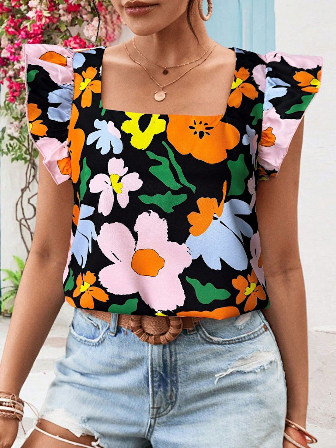 Yonca Moda Evi Kadın Kısa Fırfır Kollu Kare Yaka çiçek Desenli Ithal Keten Bluz